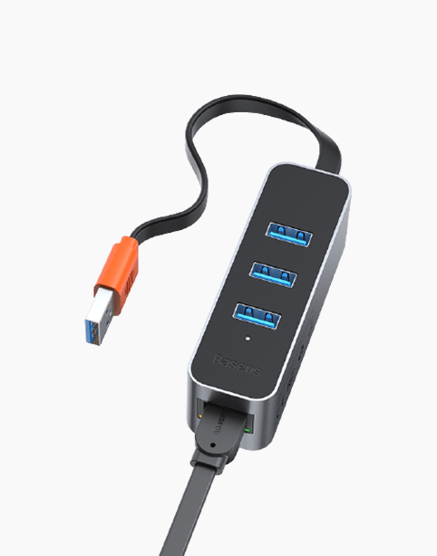 Baseus Steel Cannon Series USB A to USB3.0*3+RJ45 HUB Adapter Gray