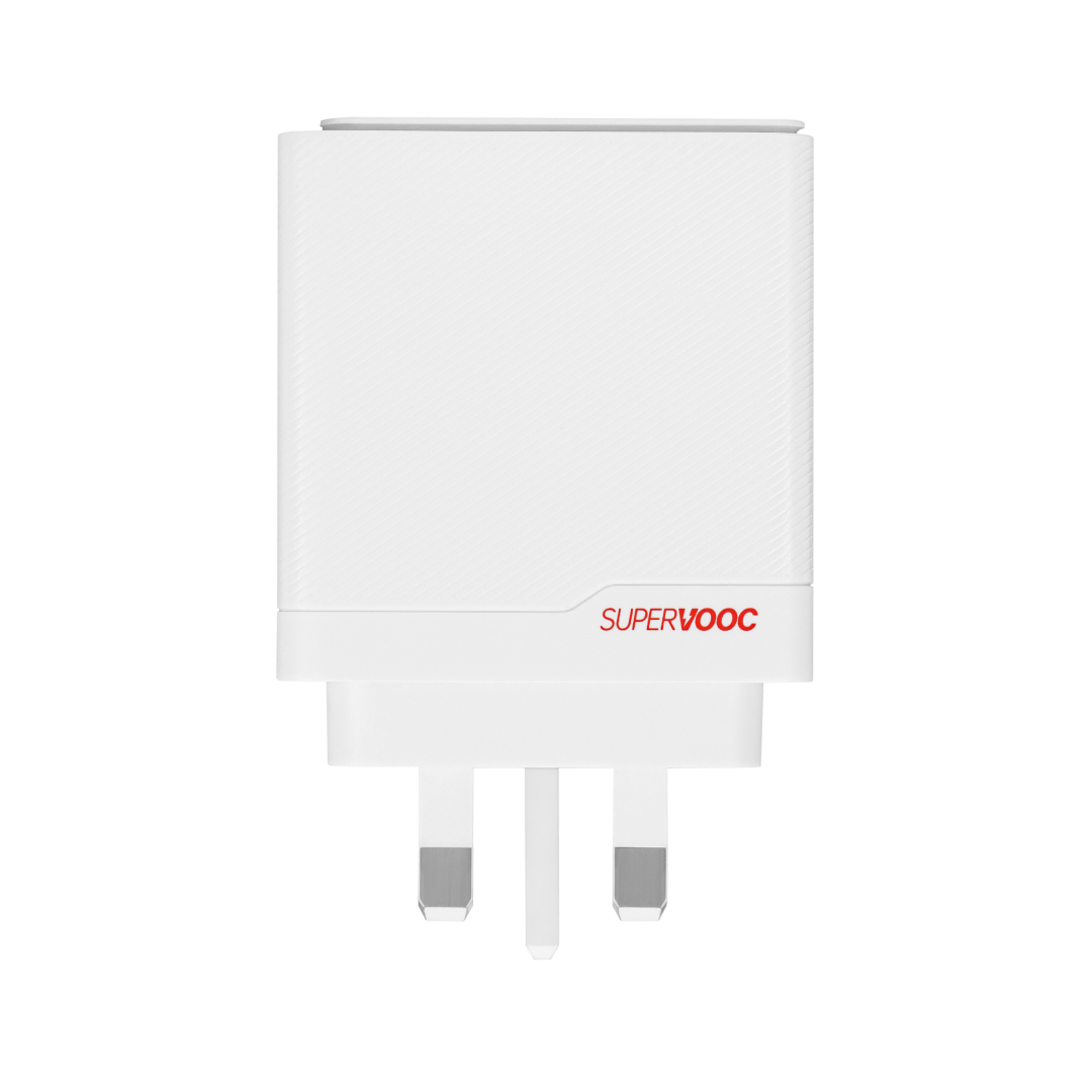 White OnePlus SUPERVOOC 100W dual ports power adapter charger with compact design and multiple charging ports.