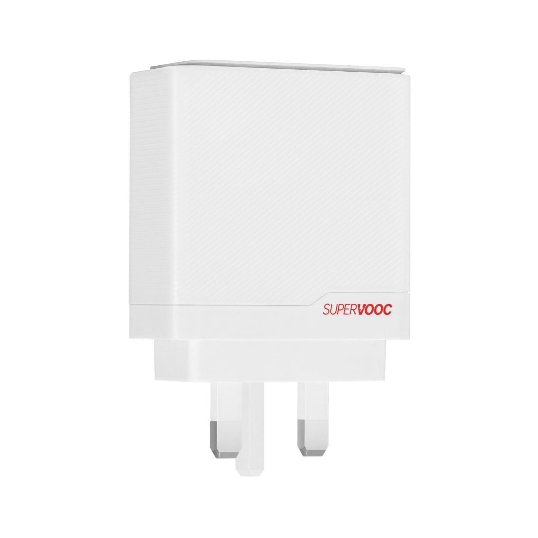 White OnePlus SUPERVOOC 100W dual ports charger with USB-C connectors for fast device charging.