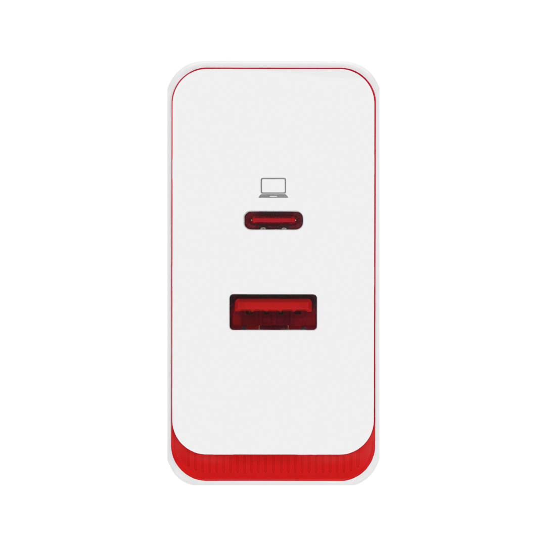 White OnePlus SUPERVOOC 100W dual ports charger with USB-C and USB-A ports for fast charging.