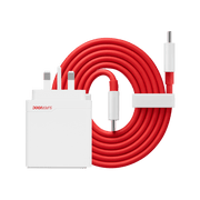 White OnePlus SUPERVOOC 100W dual ports power charger with USB-C and USB-A ports on a plain background.