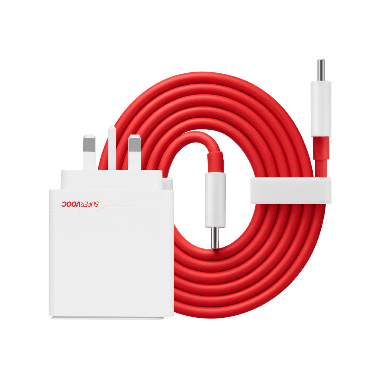 White OnePlus SUPERVOOC 100W dual ports power charger with USB-C and USB-A ports on a plain background.
