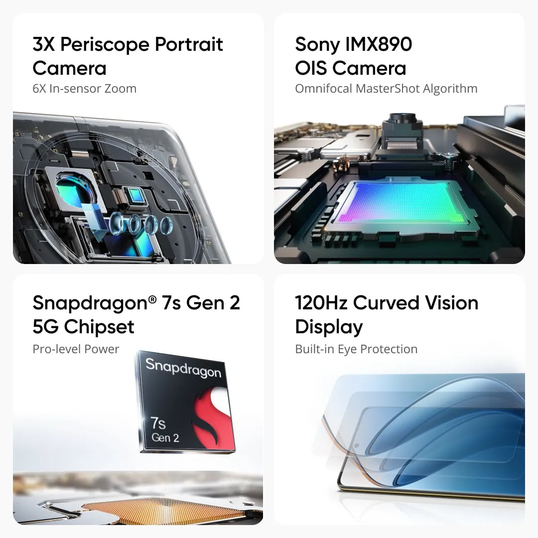 Realme 12 Pro+ 5G 6.7 بوصة AMOLED، 120 هرتز، Snapdragon 7s Gen 2 (4 نانومتر)، 50 ميجابكسل، f/1.8 OIS، كاميرا 67 وات SUPERVOOC، Android 14
