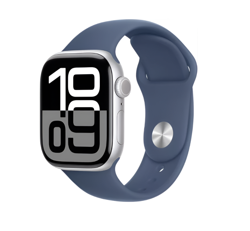 Apple Watch Series 10 with Always-On Retina LTPO3 display and dual-core S10 SiP processor, showing watch face and sleek design.