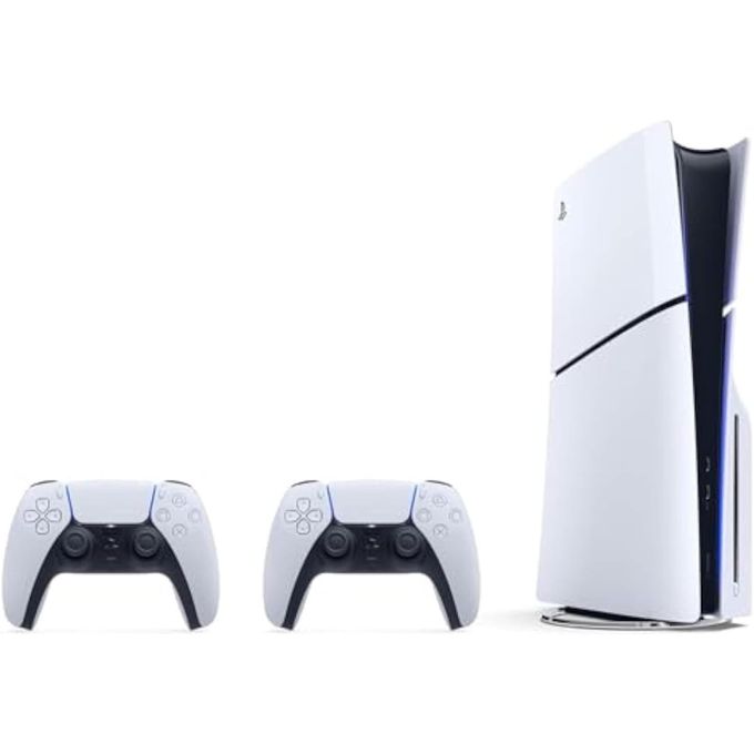 Sony PlayStation 5 Slim Digital Edition console with Dual Controller, displayed on a clean surface showcasing its sleek design.