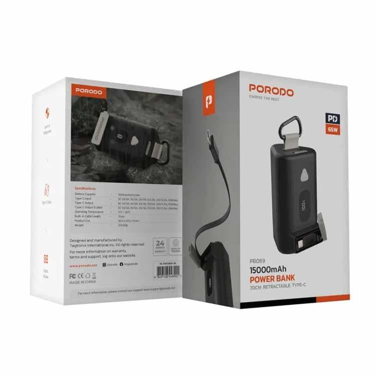 Porodo IPX5 360° 15000mAh Power Bank - Black