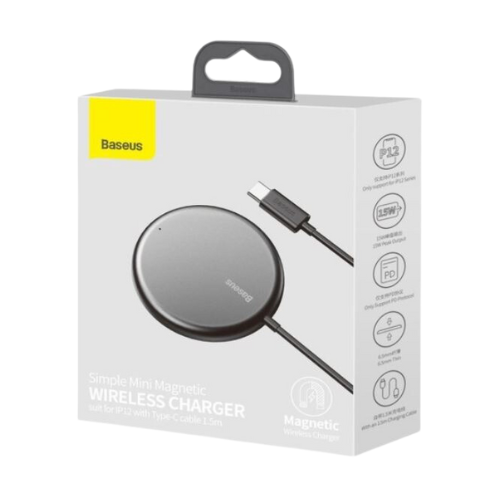 Baseus Simple Mini Magnetic Wireless Charger for smartphones, compact design with magnetic attachment for easy charging.