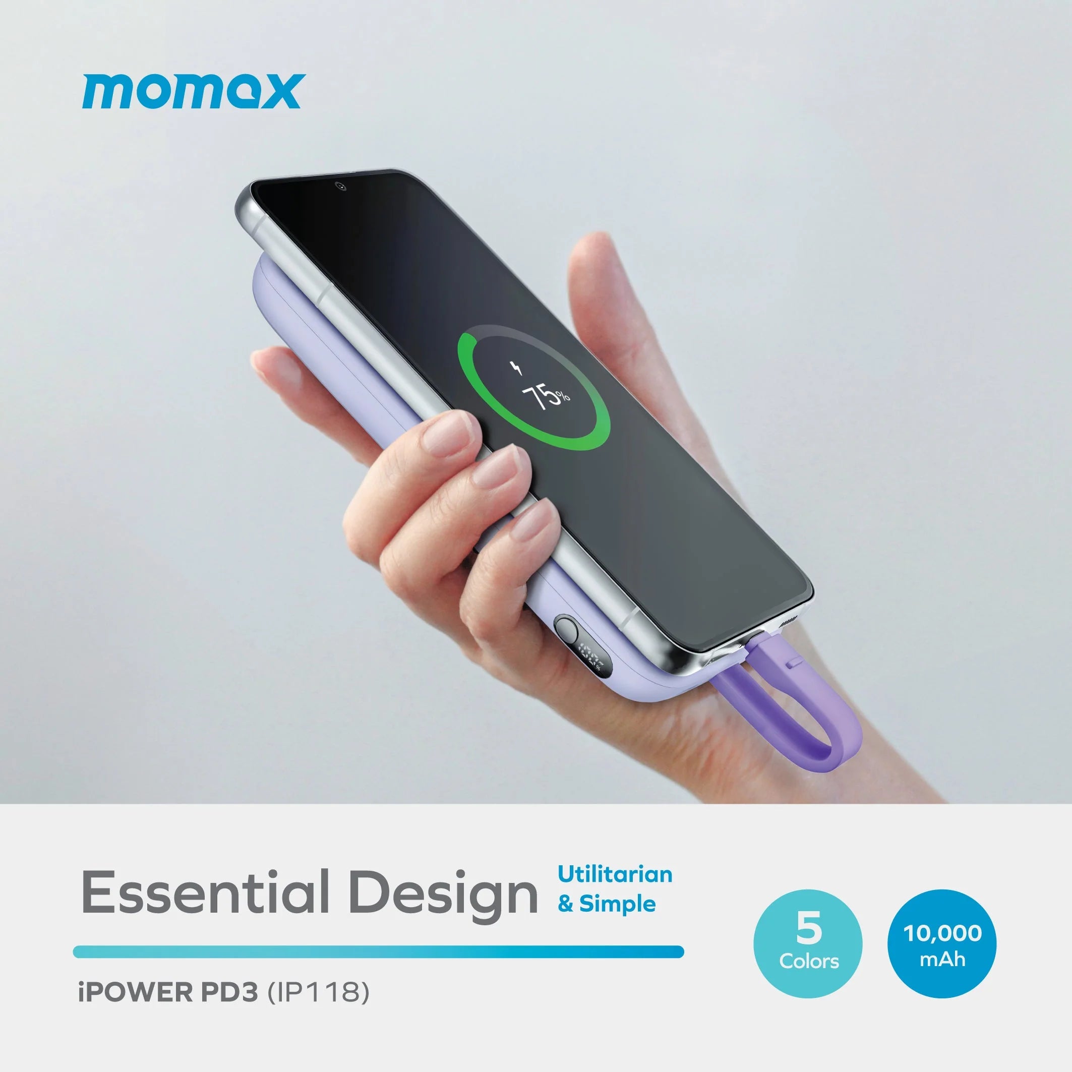 MOMAX iPower PD3 Power Bank with USB-C Cable 10000mAh