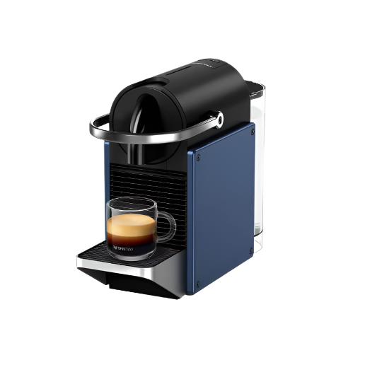 Nespresso Pixie Espresso Machine D62 in dark blue, compact coffee machine with sleek design and modern controls.