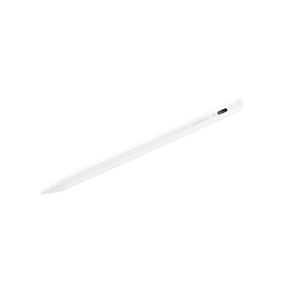 Momax TP3W ONElink 2-in-1 Active Stylus Pen in white, shown with pencil drawing on a digital tablet.