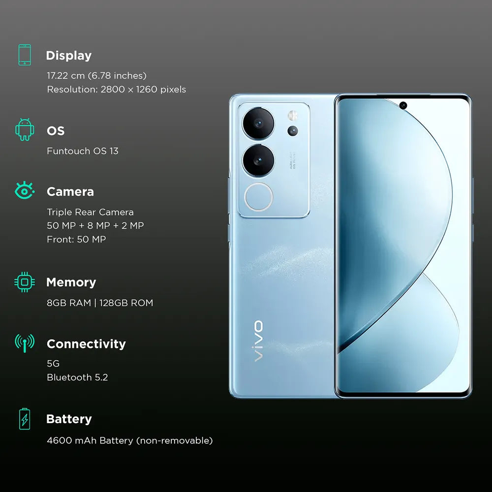 Vivo V29 5G شاشة أموليد 6.78 انش بتردد 120Hz تدعم HDR10+, مزود بمعالج سناب دراجون 778G كاميرا 50MP بفتحة عدسة f/1.9