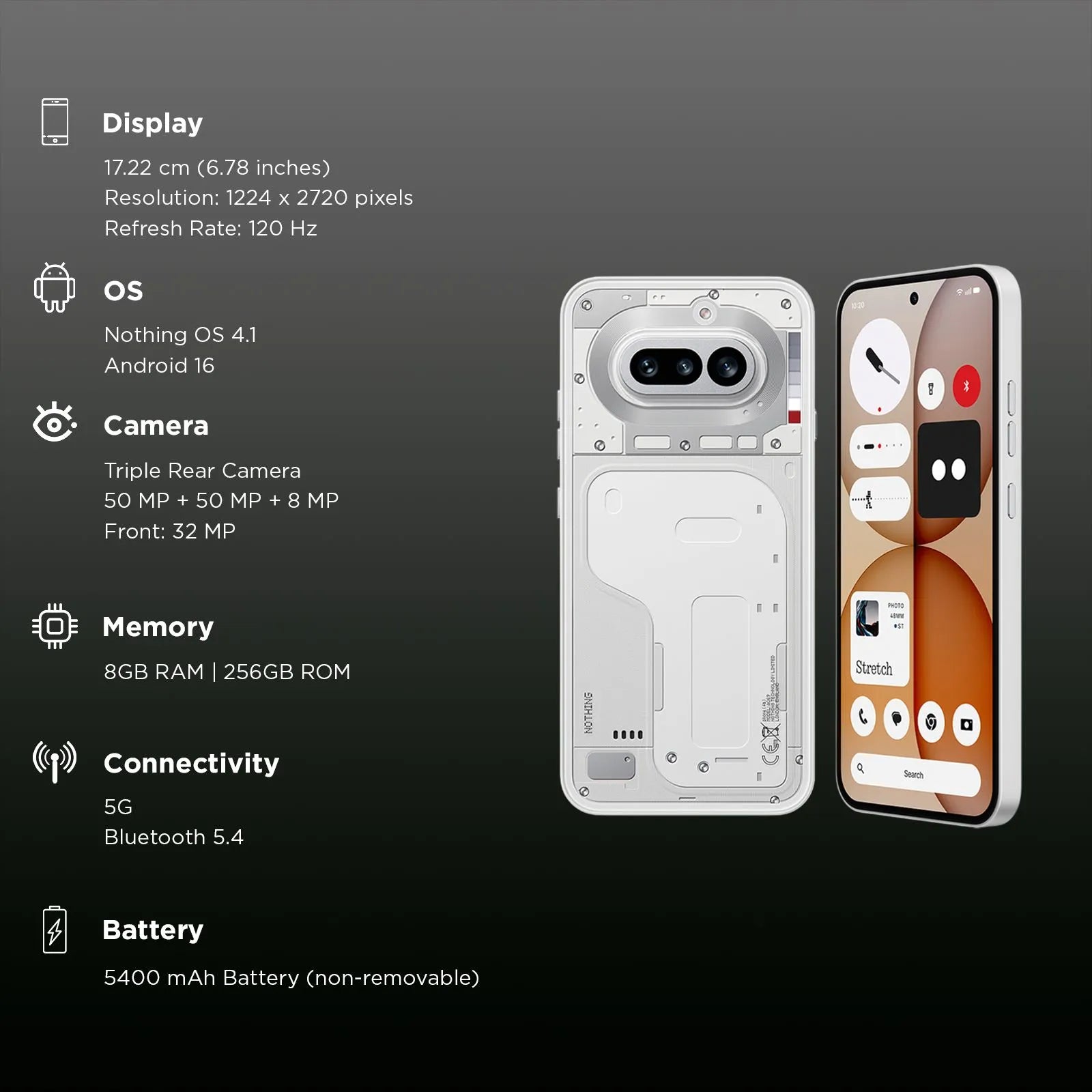Nothing Phone (4a) 5G smartphone with 6.78-inch AMOLED display, 50 MP camera, Snapdragon 7s Gen 4, HDR10+ and IP64 waterproof.