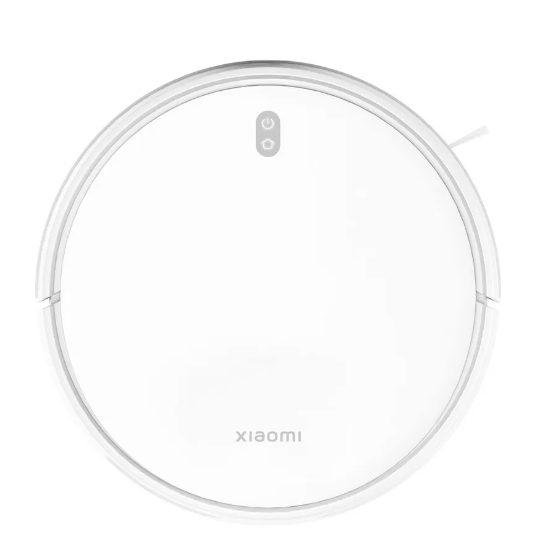 Xiaomi Robot Vacuum E10 in white with 35W power and 2500mAh battery, shown cleaning on a hardwood floor.