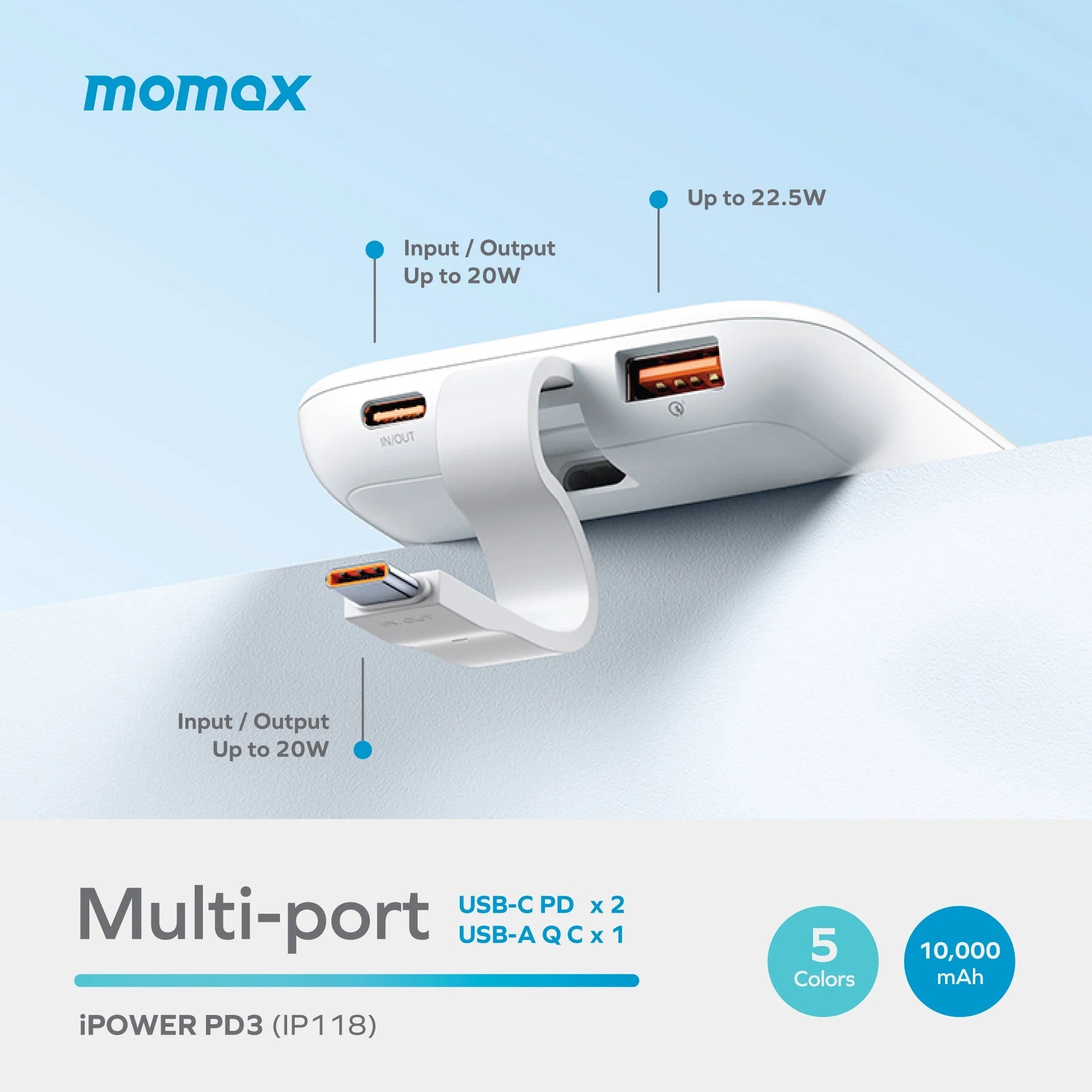 MOMAX iPower PD3 Power Bank with USB-C Cable 10000mAh