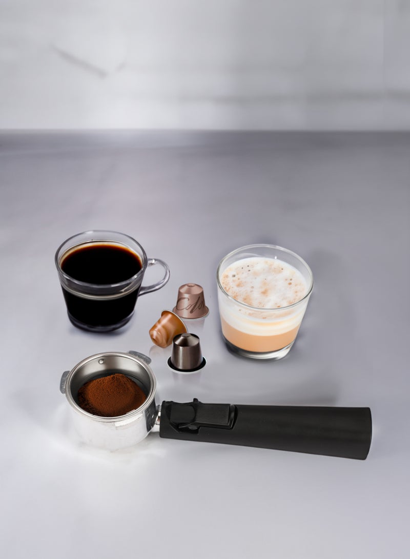 LePresso Dual Drip Barista digital espresso machine with 15 bar pressure pump and capsule filter for brewing coffee.