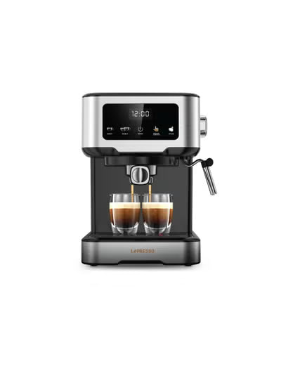 LePresso Dual Drip Barista digital espresso machine with 15 bar pressure pump and capsule filter, ready for brewing coffee.