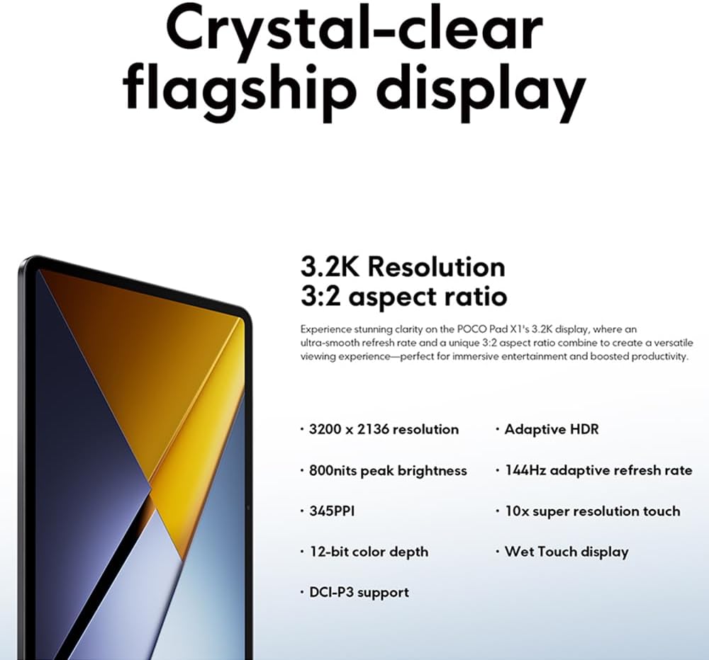 Xiaomi Poco Pad X1 11.2" IPS LCD, 68B colors, 144Hz, HDR10, Dolby Vision, Snapdragon 7+ Gen 3 (4 nm), 8850mAh Battery