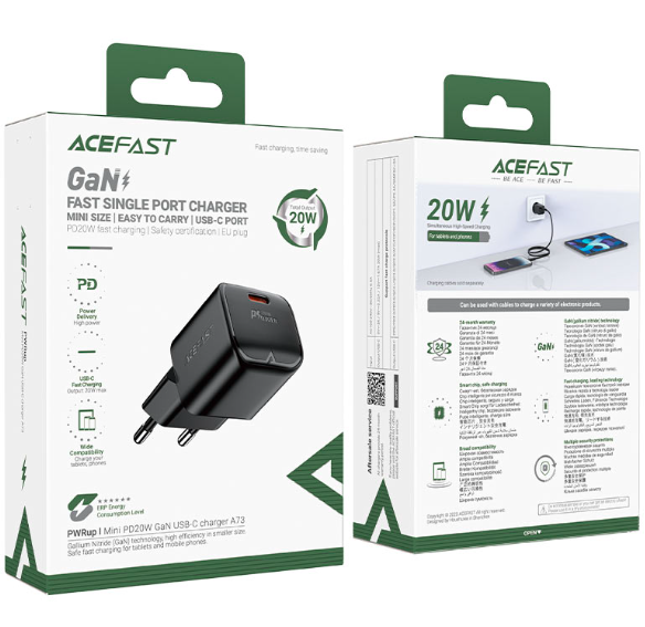 Fast Charge Wall Charger A73 mini PD20W GaN (1xUSB-C) EU,GaN PD20W charger. Single port [1xUSB-C]. Mini design, portable. EU plug. Support most fast charge protocols. Safety certification. Flame-retardant PC. Color