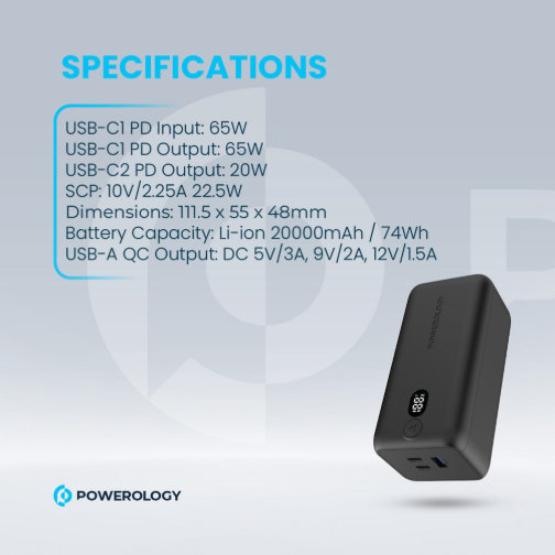 Powerology 20000mAh 65W Onyx Power Bank