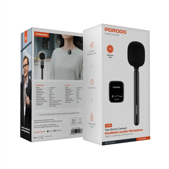 Porodo Two-Device Connect Handheld Lavalier Microphone - Black