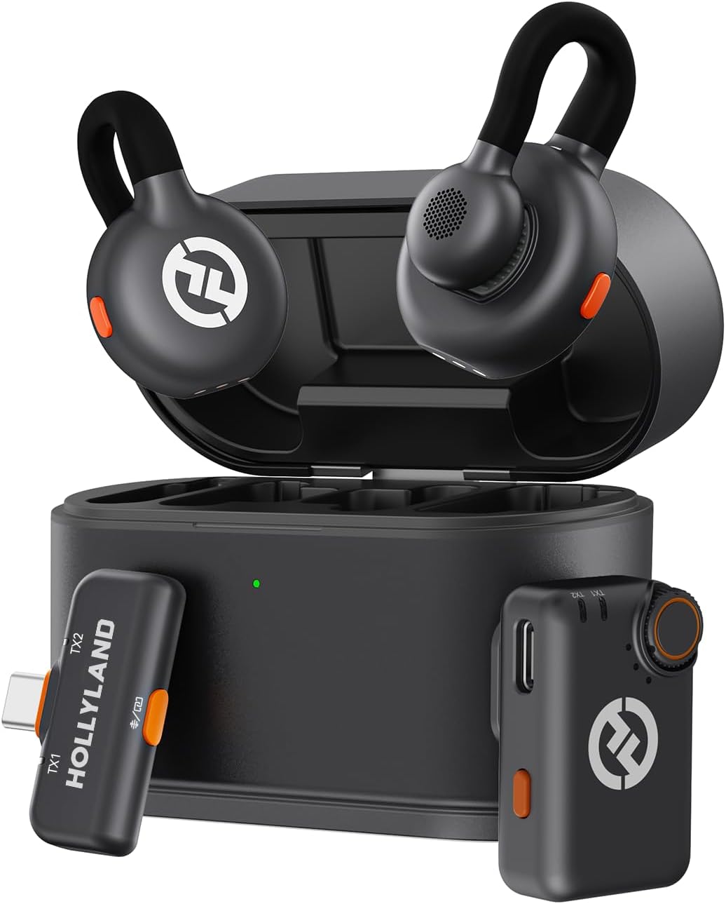 Hollyland Lark M2S Mini Combo wireless microphone with titanium clip for camera, iPhone, Android, and laptop, 300m range, lightweight.