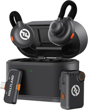 Hollyland Lark M2S Mini Combo wireless microphone with titanium clip for camera, iPhone, Android, and laptop, 300m range, lightweight.
