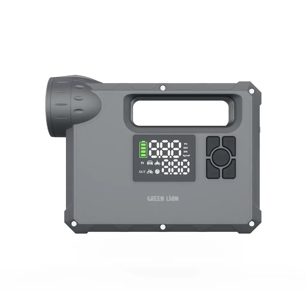 Green Lion JX-84 12V jump starter in grey with 16000mAh capacity for 4L gas and 3L diesel engines.