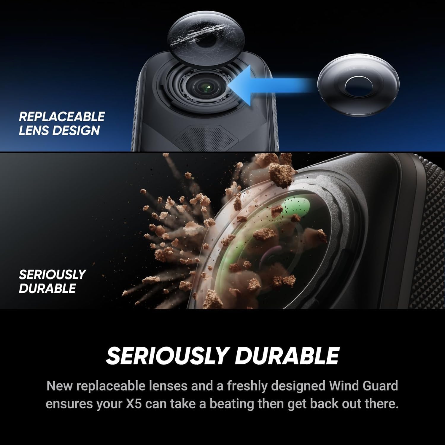Insta360 X5 8K 360-degree waterproof action camera with 49-foot depth rating and 2400mAh battery, shown outdoors.