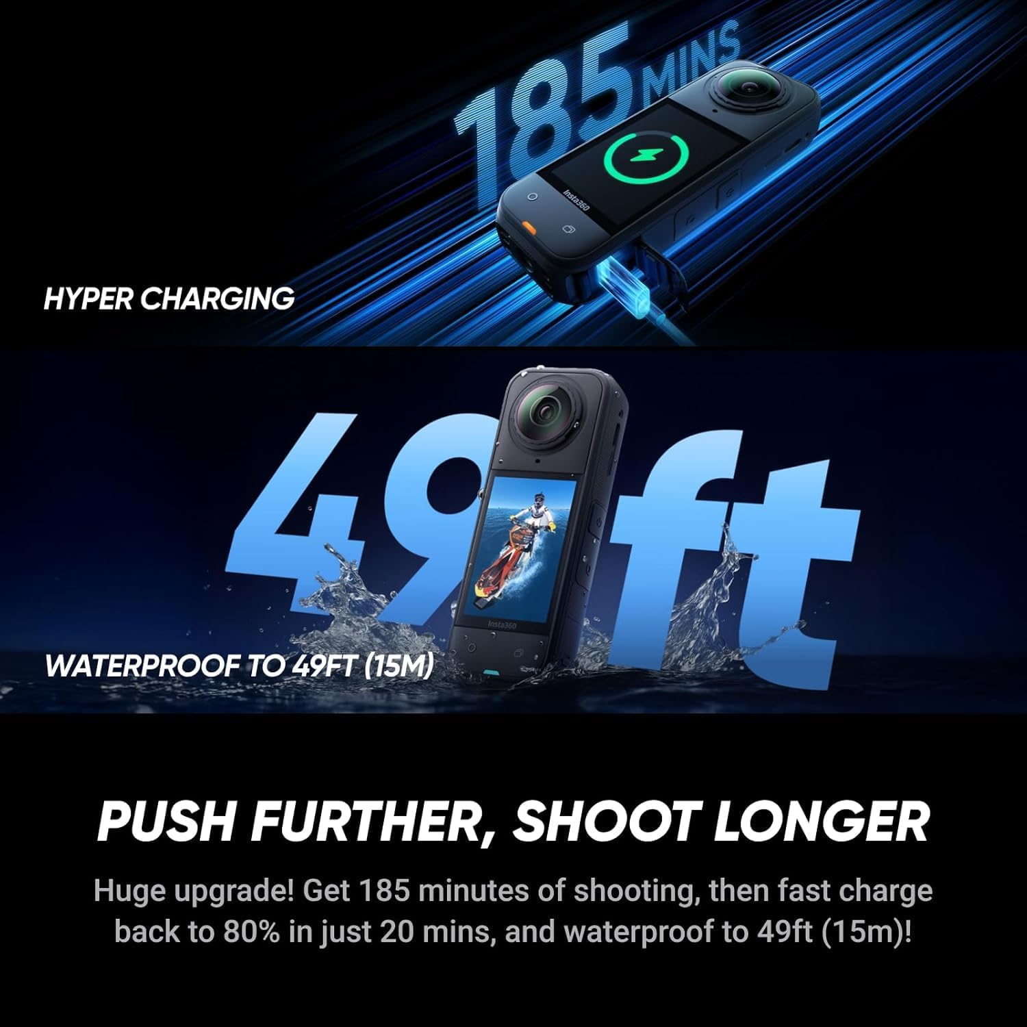 Insta360 X5 8K 360 action camera with waterproof design and 2400mAh battery, shown with lens and compact body.