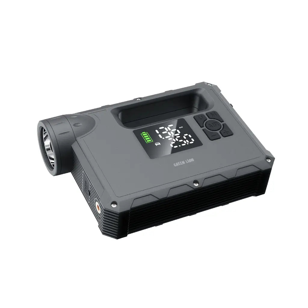 Green Lion JX-84 12V jump starter for 4L gasoline and 3L diesel engines, featuring a 16000mAh capacity in grey.