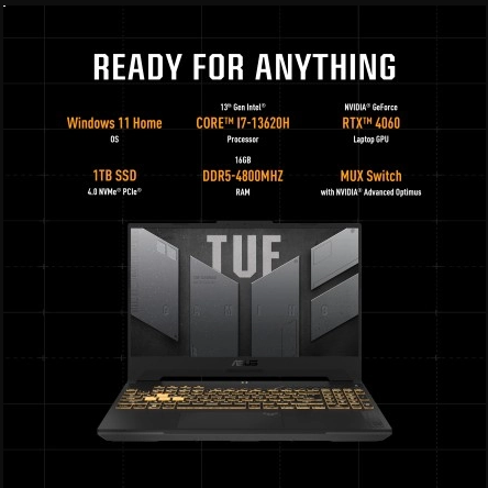ASUS TUF F15 FX507VV-LP156W Gaming Laptop - Intel Core i7-13620H, 16GB DDR5, 1TB SSD, NVIDIA RTX 4060 8GB, 15.6-inch FHD 144Hz, Win11