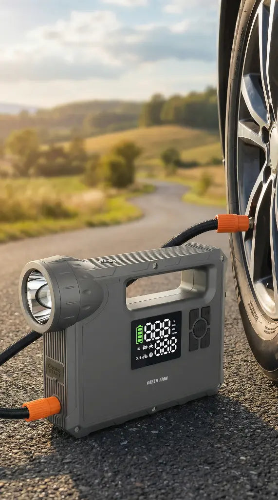Green Lion JX-84 12V jump starter with 16000mAh capacity for 4L gas and 3L diesel engines, shown in grey.