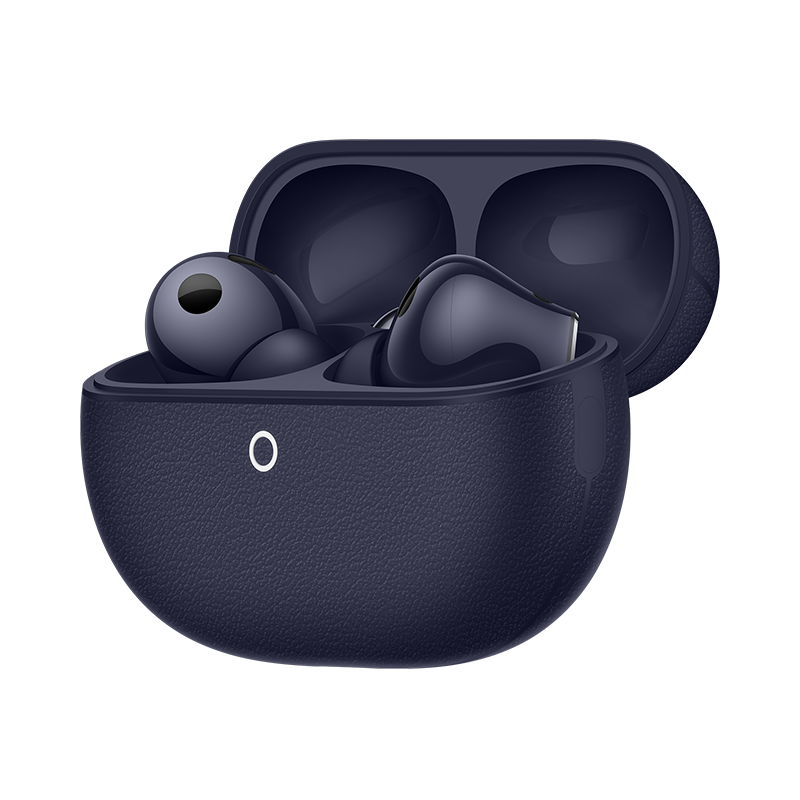 Huawei FreeBuds Pro 5 earbud pair with dual-engine active noise cancellation and sleek design, shown in close-up.