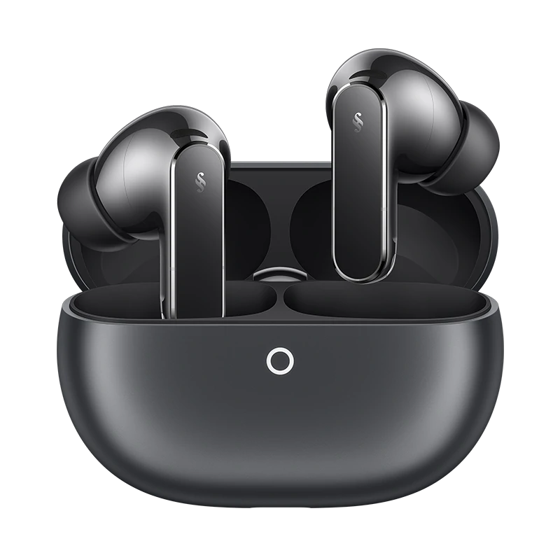 Huawei FreeBuds Pro 5 earbuds with dual-engine active noise cancellation and sleek black design.