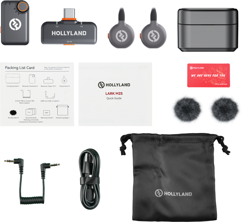 Hollyland Lark M2S Mini Combo wireless microphone with titanium clip, compact design, for camera, iPhone, Android, and laptop.