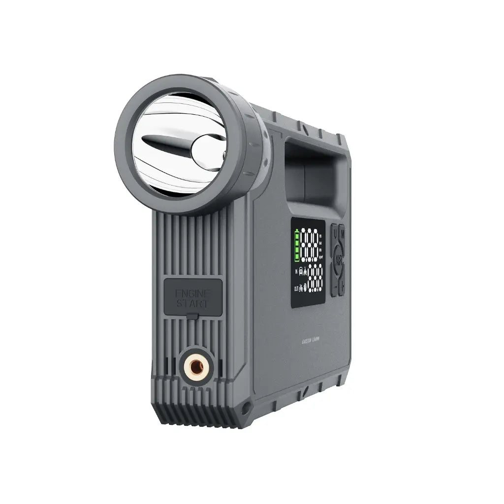 Green Lion JX-84 12V jump starter with 16000mAh capacity for 4L gasoline and 3L diesel engines, shown in grey.