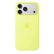 Apple iPhone 17 Pro silicone case with MagSafe in neon yellow, showing the textured silicone surface and precise cutouts.