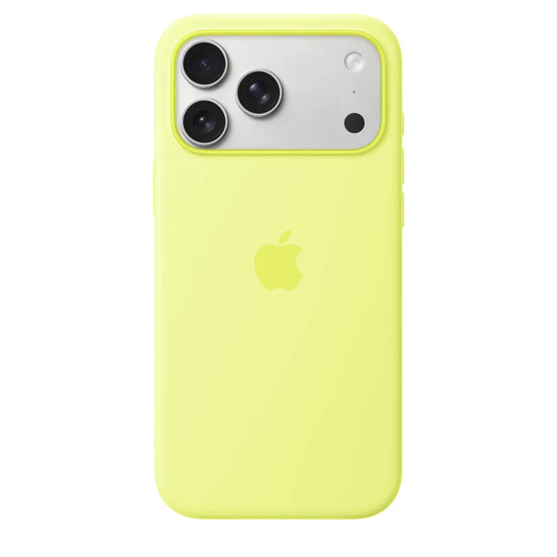 Apple iPhone 17 Pro silicone case with MagSafe in neon yellow, showing the textured silicone surface and precise cutouts.