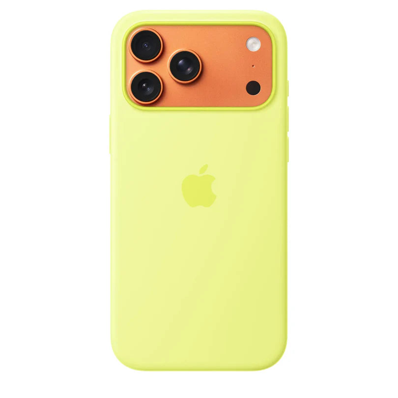 Apple iPhone 17 Pro Silicone Case with MagSafe in vibrant neon yellow, showing the textured silicone surface and magnetic attachment area.