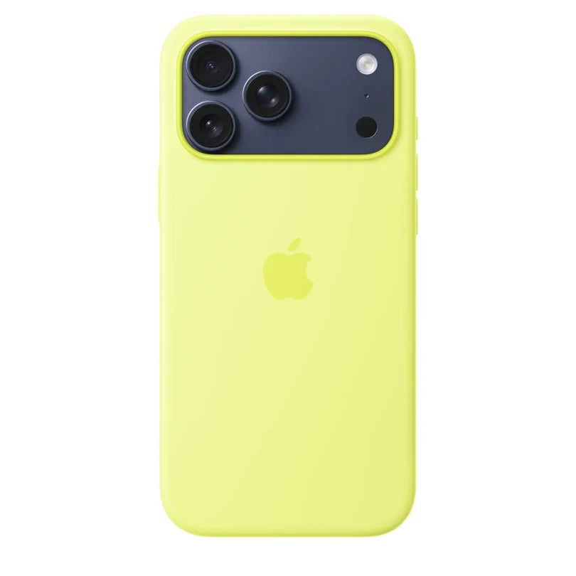 Apple iPhone 17 Pro silicone case with MagSafe in neon yellow, showing the snug fit and soft silicone material.
