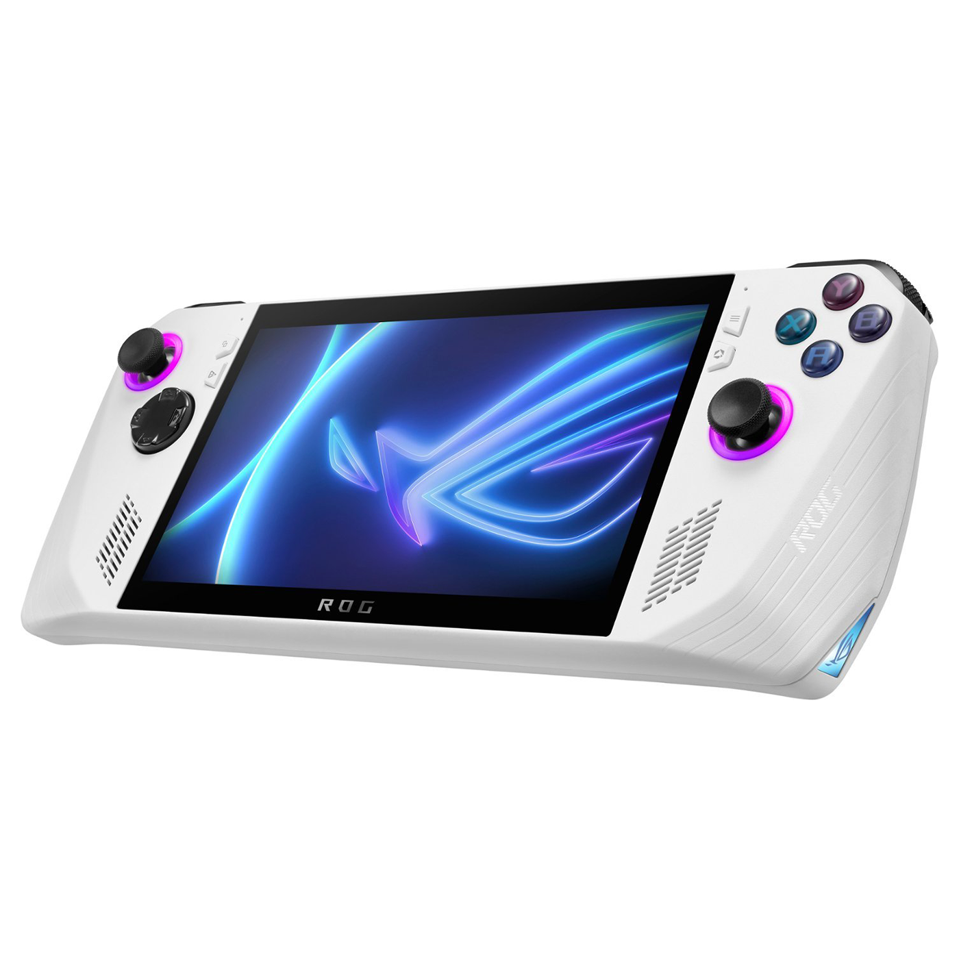 ASUS ROG Ally handheld gaming console with 7-inch FHD display, AMD Ryzen Z1 processor, 512GB storage, in white color.