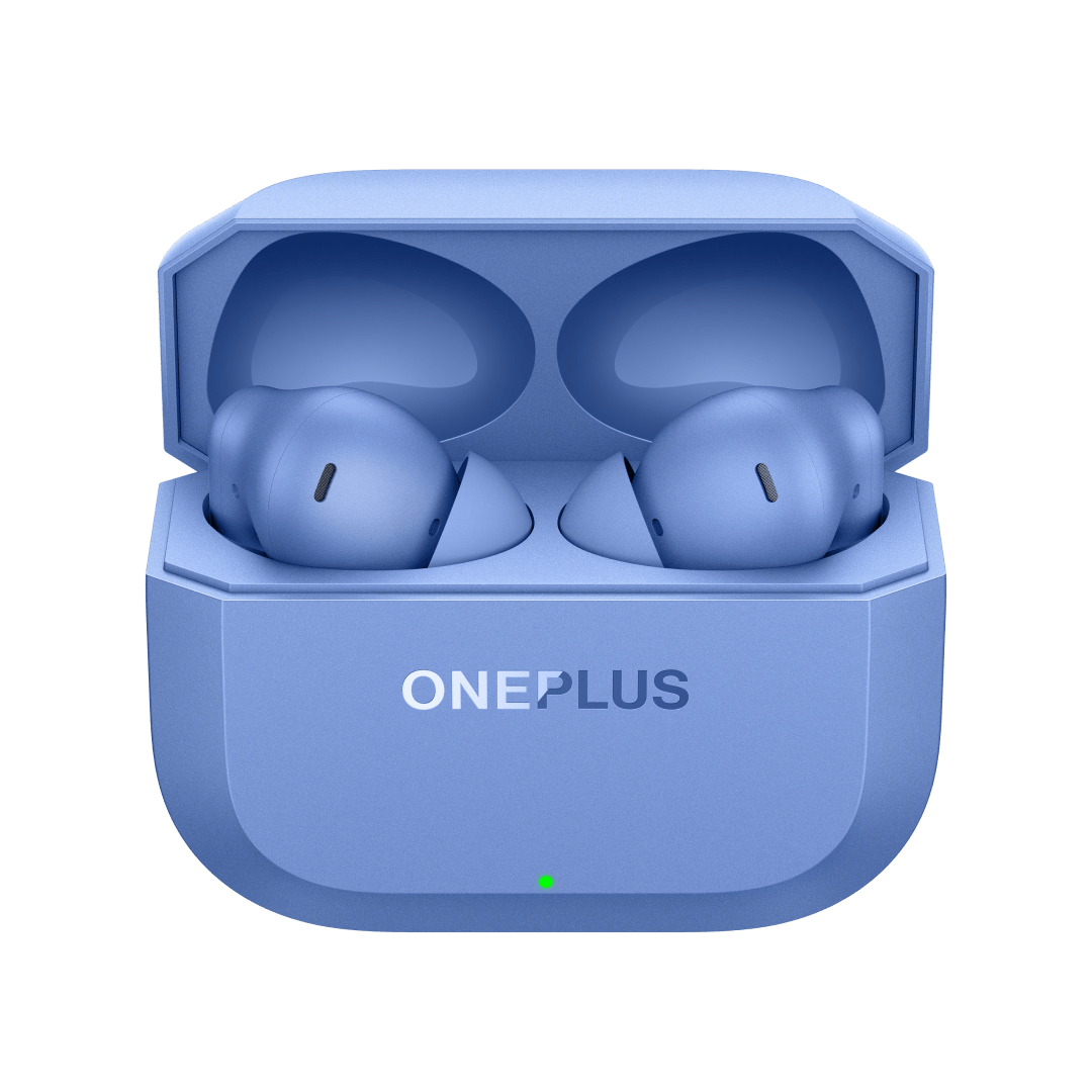 OnePlus Buds 3R in Aura Blue with 12.4mm drivers, showing sleek wireless earbuds with charging case and water resistance.