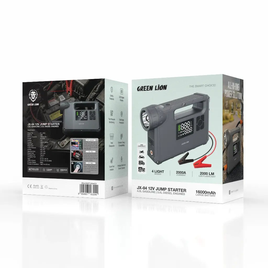 Green Lion JX-84 12V jump starter with 16000mAh capacity for 4L gas and 3L diesel engines, grey compact device.