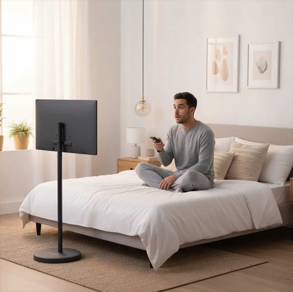 Powerology 32-inch portable smart monitor with touch control, built-in camera, 38400mAh battery, and Android operating system.