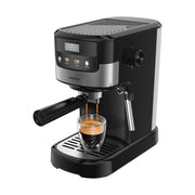 LePresso Suprema black espresso machine with sleek design, featuring a compact build and control panel on the front.