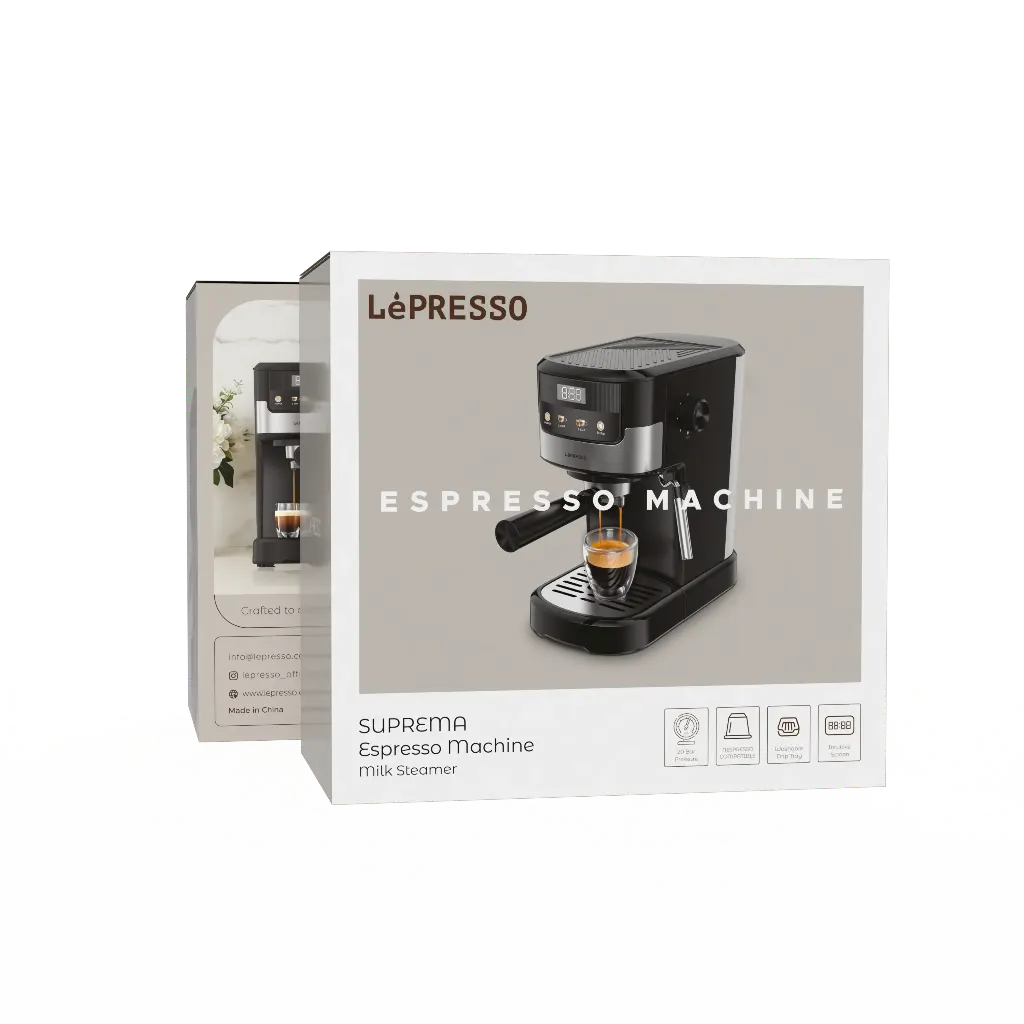 LePresso Suprema black espresso machine with sleek design and control panel, ready for brewing espresso at home.