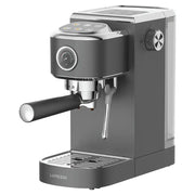 LePresso gray hot and cold espresso machine with steam wand and pressure gauge for making espresso drinks.