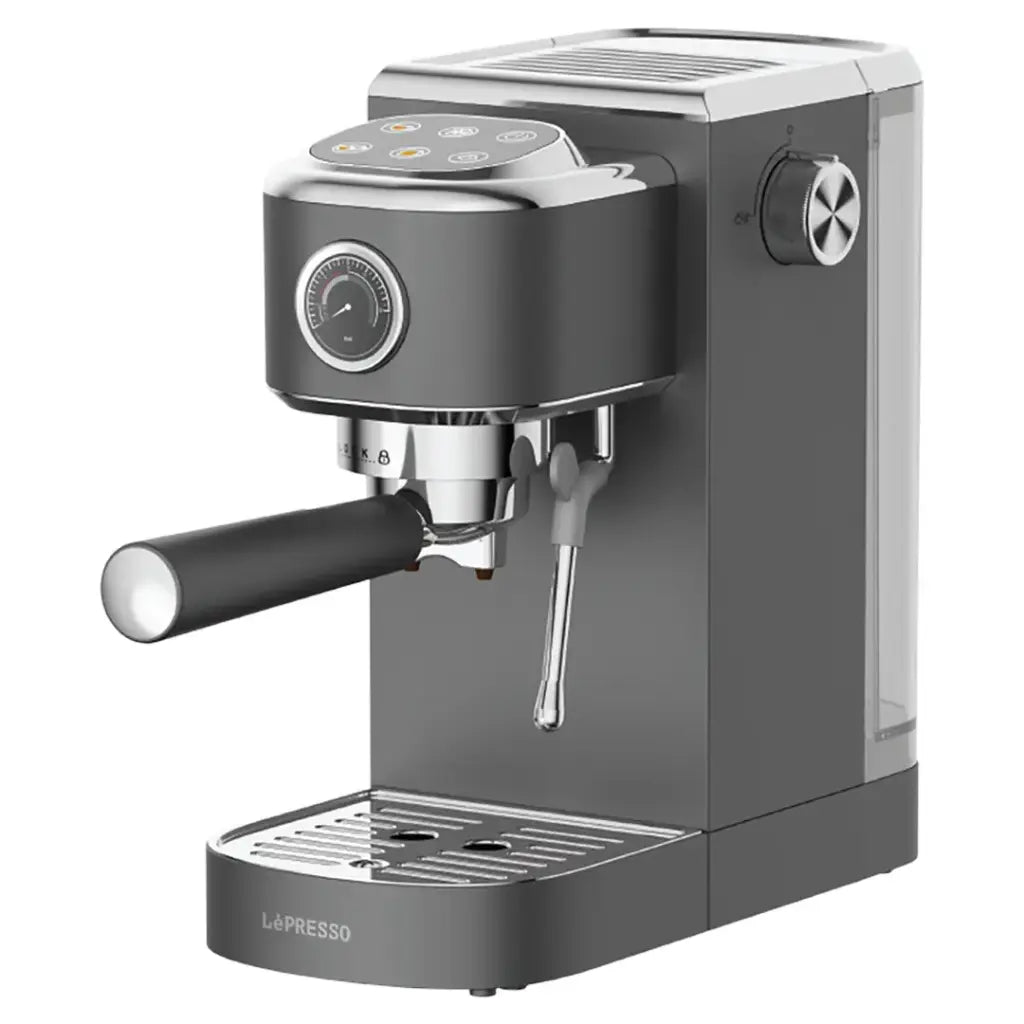 LePresso gray hot and cold espresso machine with steam wand and pressure gauge for making espresso drinks.