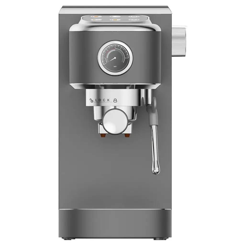 LePresso hot and cold espresso machine with steam wand and pressure gauge in gray, for making espresso drinks at home.
