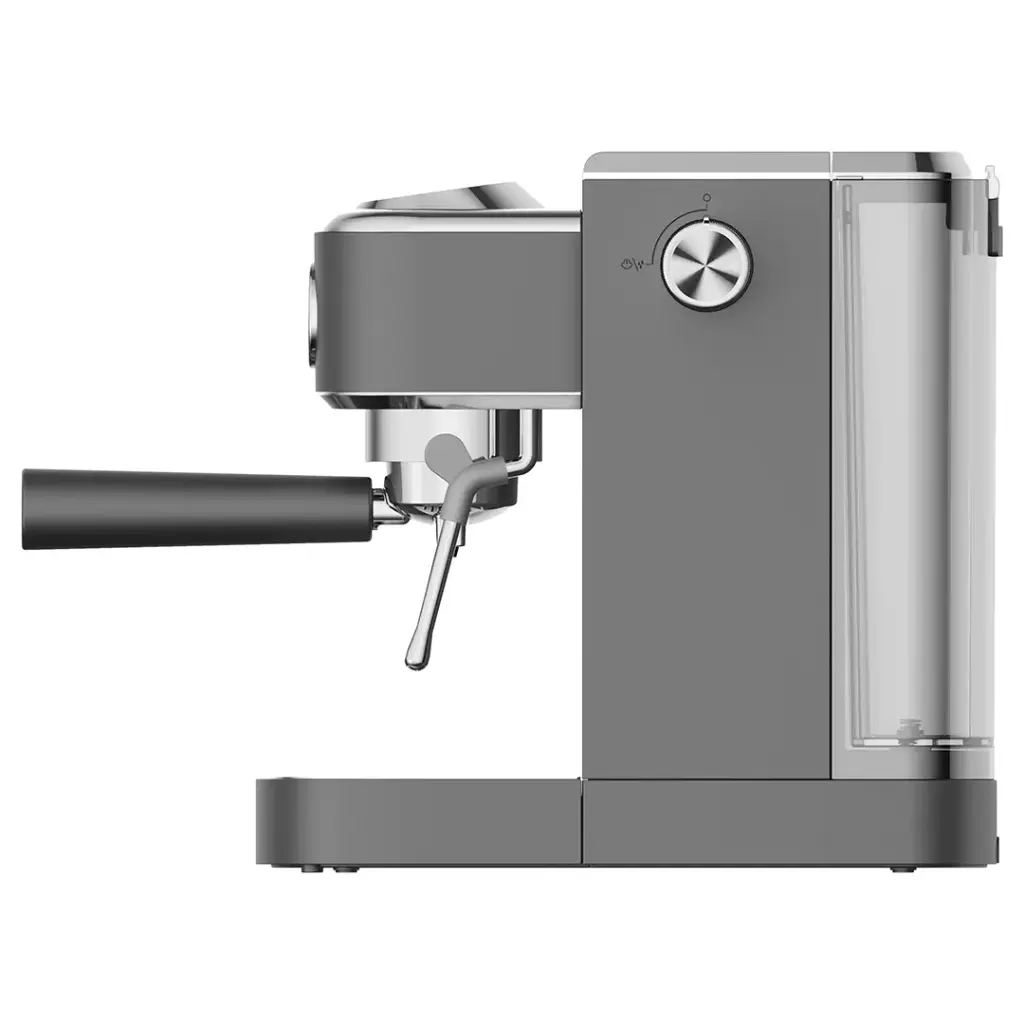 LePresso gray espresso machine with steam wand and pressure gauge for hot and cold espresso brewing.